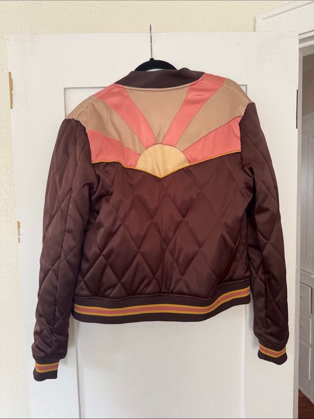 Brown Quilted Bomber Jacket with Pink Chevron Accents - Picture 6 of 6